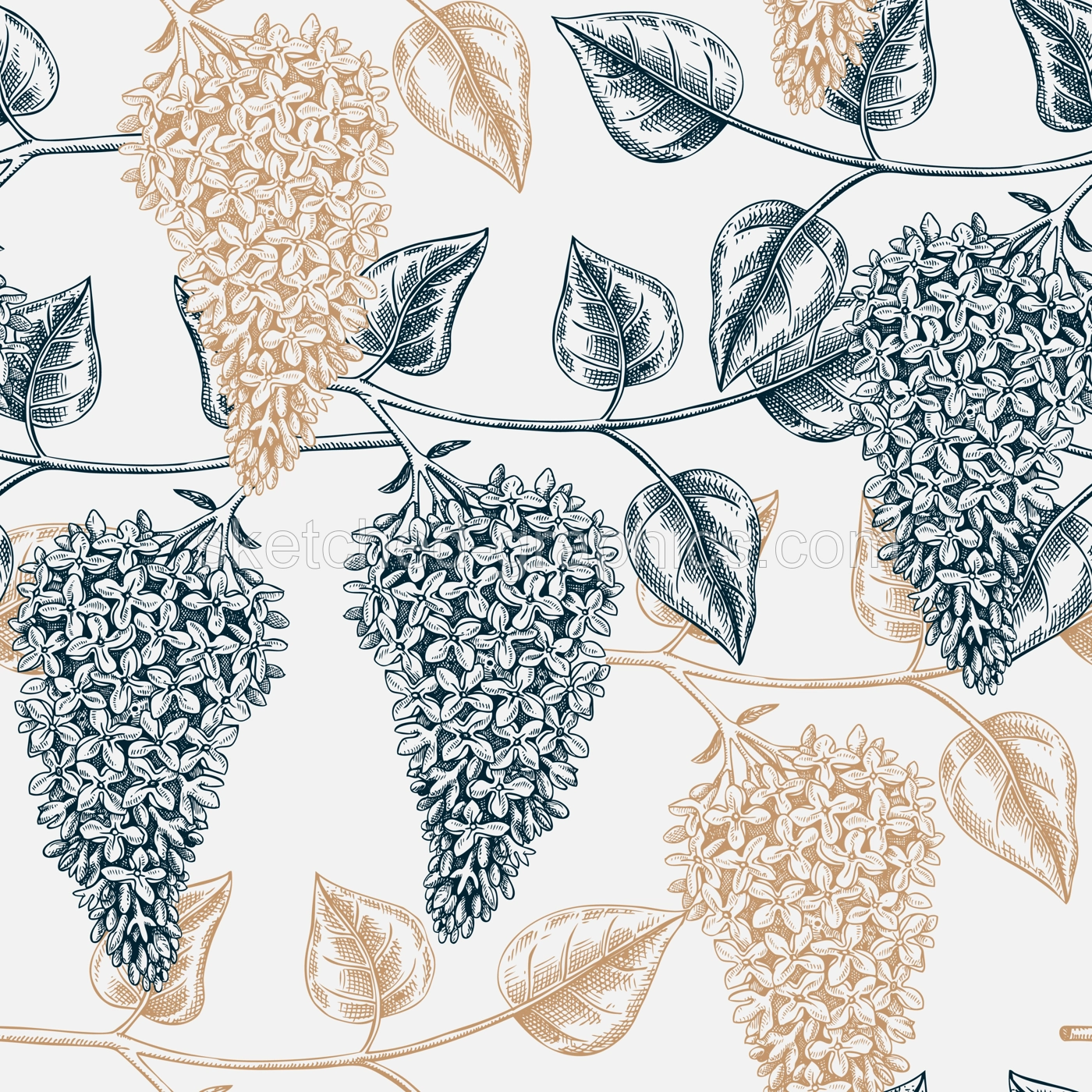 Lilac blossom sketch in engraved style. Flowering branch with flowers and leaves seamless pattern. Botanical vector background of spring tree for print, fabric, textile, wrapping, packaging Illustration